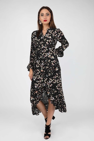 Kadın Çiçekli Viskon Elbise Siyah