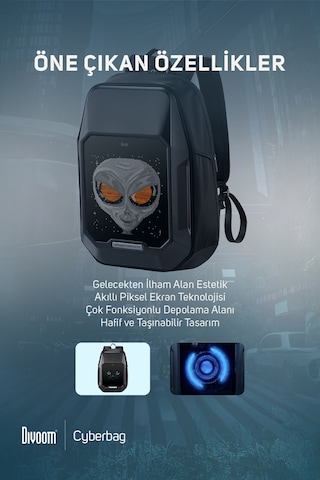 Divoom Pixoo Cyberbag Siyah Piksel Led Ekranlı Sırt Çantası Siyah