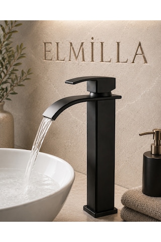 Lüx Krom Premium Mat Siyah Şelale Çanak Lavabo Bataryası Çift Su Girişli Modern Musluk