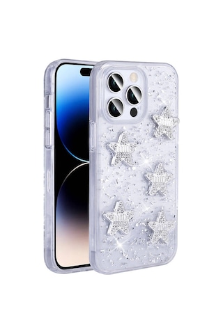 Nourthkiingdom Apple Uyumlu iPhone 14 Pro Max Kılıf Airbagli Simli Arka Yüzey Nrtk Işıltı Silikon Kapak - Beyaz-yıldız N/a