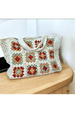 Motifli Büyük Boy Kadife Omuz Çantası , Xxl Kışlık Çantalar Ekru