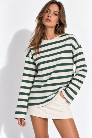 Wild Bee Kadın Yeşil Beyaz Çizgili Pamuklu Bisiklet Yaka Oversize Bluz YEŞİL