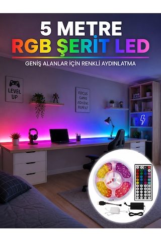 Rgb Şerit Led 5 Metre 5050 Smd Kumandalı Çok Renkli Ev Oda Tv Arkası Dekoratif Aydınlatma - Lisinya
