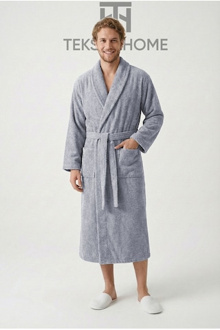 %100 Pamuklu Unisex Bornoz Şalyaka Cepli Büyük Beden 3xl 4xl Erkek Kadın Bornoz Gri