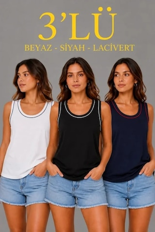 Valensdesign 3 Lü Kolsuz Sporcu Atlet Seti Yazlık Bisiklet Yakalı - Siyah, Lacivert, Beyaz Çok Renkli
