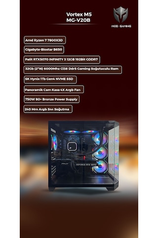 Mod Gaming Vortex MG-V20B R7-7800X3D 32 GB 1 TB SSD RTX5070 Free Dos Masaüstü Oyuncu Bilgisayarı