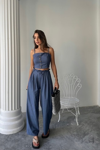 İkales Tencel Crop Askılı Bluz - Şalvar Pantolon Tk - İndigo