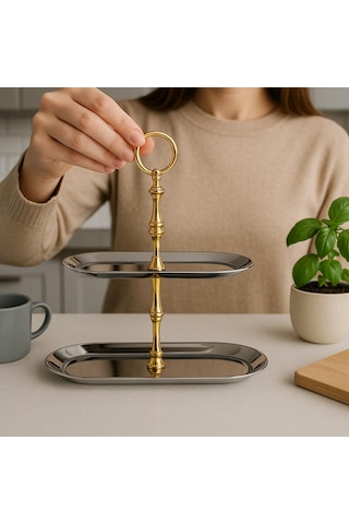 2 Katlı Kayık Tepsi Paslanmaz Çelik Sunumluk,kurabiyelik,makaronluk,söz,nişan Masa Aksesuarı,çeyiz Gold