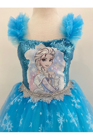 Kara Kedi Kostüm Evi-baskılı Kısa Kol Elsa Kostümü Mavi