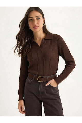 Shade Kadın Polo Yaka Patlı Regular Fit Triko Kazak 20258063 - Kahverengi