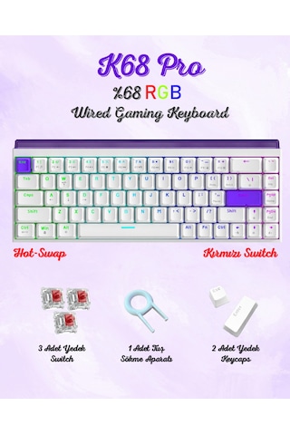 K68 Pro Kablolu Mekanik Oyuncu Klavyesi Hottswapp Red Switch Driverli Türkçe Q Gaming Beyaz Klavye.