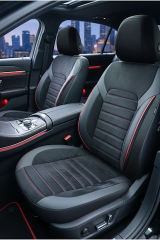 Alcantara Serisi Lüks Üniversal Oto Koltuk Kılıfı - 5 Kotuk Tam Set Kırmızı