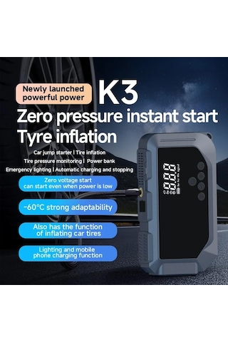 Coverzone Çok Fonksiyonlu Akü Takviye Cihazı Ve Hava Kompresörü 12v Araç Jump Starter, Dijital Lastik Şişirme, Led Işık & Sos, Powerbank, Taşınabilir Acil Durum Seti K3