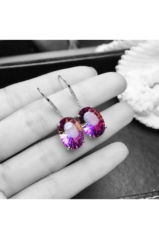 Novahub 925 Ayar Gümüş Damla Küpe - Renkli Ametist Taş - 18k Altın Kaplama Kadın Charm Küpe Hediye Gümüş