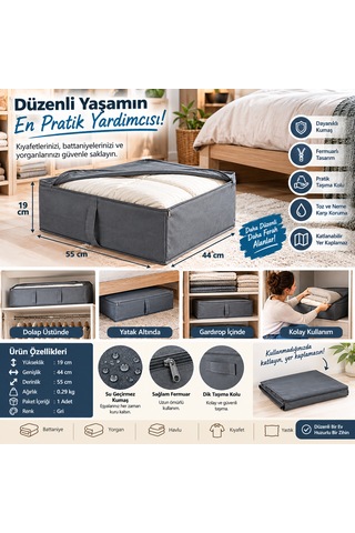 Gri Kumaş Saklama Hurcu 44x55x19 Cm Fermuarlı Dolap İçi Düzenleyici, Yorgan Battaniye Kıyafet Organizer