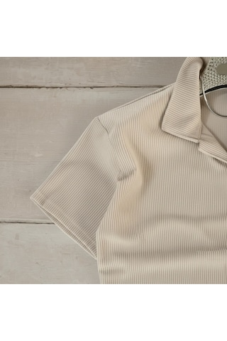 Fifty Color Alaçatı Stili Erkek Fitilli Ottoman Hava Alan Kumaş Polo Yaka T-shirt 2li Renk Bej - Ekru