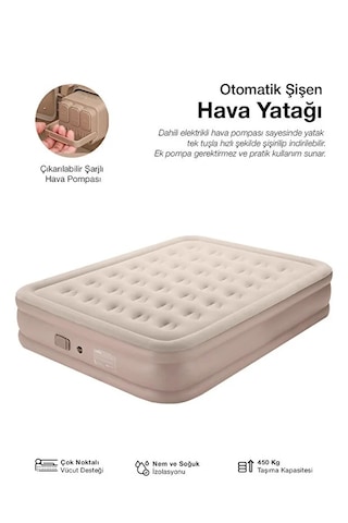 Çift Kişilik Şişme Yatak Ortopedik 40 Cm Yüksek 450 Kg Taşıma Kapasiteli Kamp Yatağı Bej