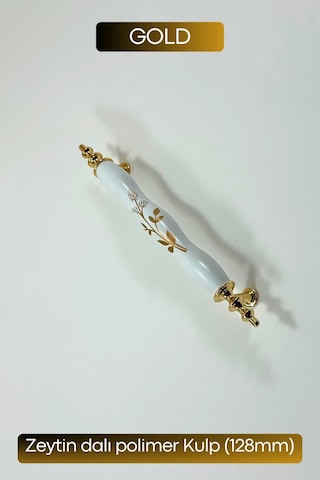Polimer Zeytindalı Kulp Lüks Modern Mobilya Çekmece Vestiyer Mutfak Dolabı Kulpu 128mm Beyaz-gold