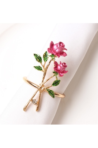 Reedark Romantik Gül Desenli Metal Peçete Halkası - Şık Ve Dayanıklı Pembe