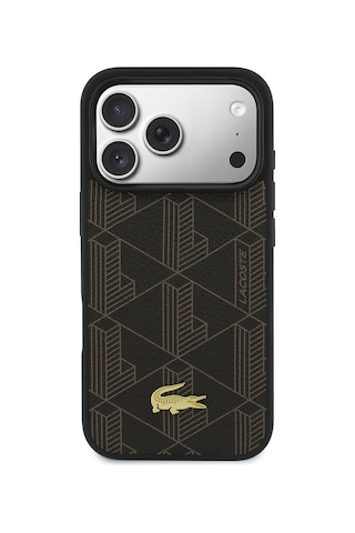 Apple Uyumlu iPhone 17 Pro Max Kılıf Lacoste Lisanslı M-safeli Pu Deri Kartlıklı Karışık Monogram Desenli Kahve Kahverengi
