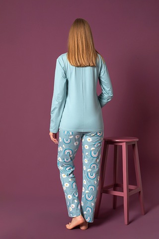 Nisanca Mevsimlik Uzun Kollu %100 Pamuk Kadın Pijama Takımı- Desenli Kadın Pijama mavi