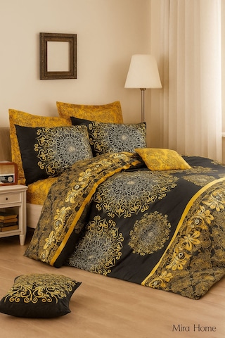 Çift Kişilik Pamuklu Nevresim Takımı Varaklı Desenli Renkli