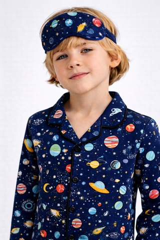 Beka Kids Desenli Uzun Kollu Önden Düğmeli Gömlek Yaka Erkek Çocuk Pijama Takımı Ve Göz Bandı Lacivert