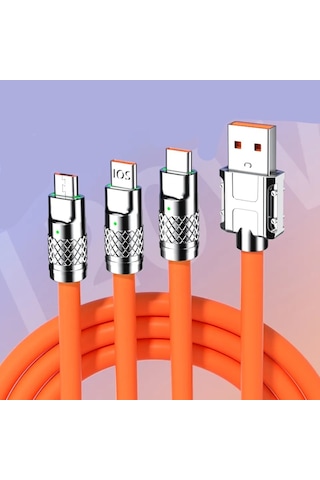 T-Max 3 In1 Süper Hızlı 120 W 6A Type-C + Micro USB + Lightning Şarj Kablosu Turuncu