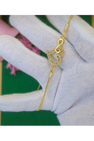 Kadın Gold Renk Zirkon Taşlı Kalpli Asansörlü Bileklik Gold