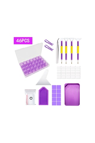 Mufunye Pürpur Renkli 28 Bölmeli Depolama Kutulu Elmas Boyama Aleti Seti - 46 Parça: Huni, Noktalama Kalemi, Reçine Ve Aksesuarlar