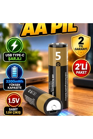 Usb Type-c Şarjlı Aa Lityum Pil 1.5v 3200mwh Hızlı Şarjlı 2 Li Paket
