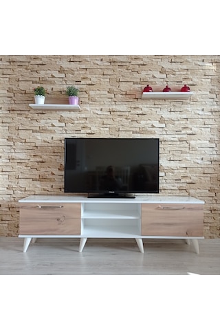Mobilyasepeti Mobilya Sepeti (Ms 80) Mdf Tv Ünitesi Dolabı,Raflı,Beyaz,Ceviz