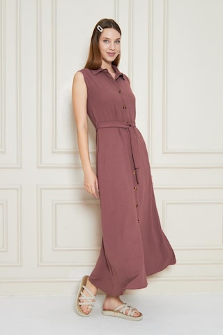 Kadın Uzun Aerobin Elbise Gömlek Yaka, Kolsuz, Kemerli, Yandan Cepli Yazlık-3762385 Gülkurusu