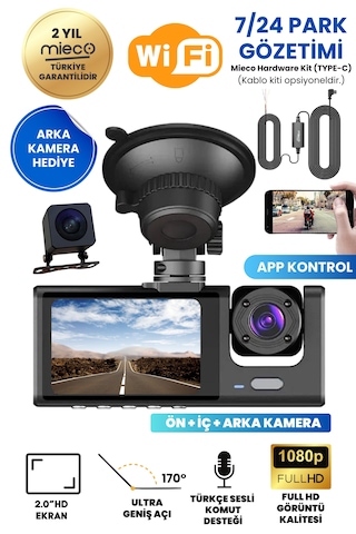 Mieco 1s Wifi / App /1080p / Fhd/ 170 Ultra Geniş Açı/gece Görüş/ G-sensörü 3 Kameralı Araç Kamerası 2026 Mieco 1s Wifi / App /1080p / Fhd/ 170 Ultra Geniş Açı/gece Görüş/ G-sensörü 3 Kameralı Araç Kamerası 2026