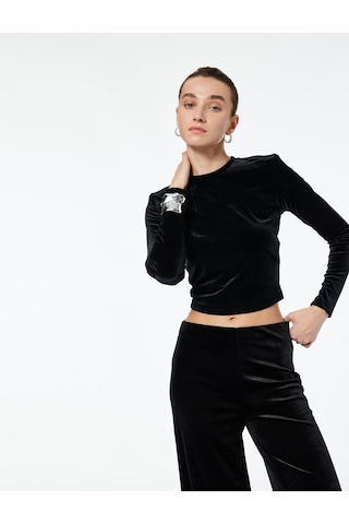 Koton Uzun Kollu Bisiklet Yaka Slim Fit Kadife Crop Tişört Siyah 6wak50046ek Siyah