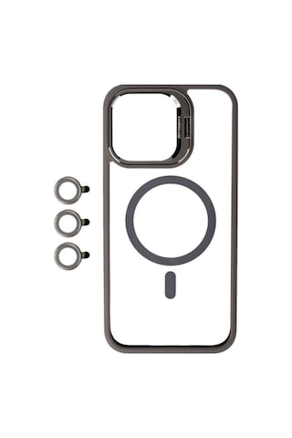 Apple Uyumlu iPhone 15 Pro Kılıf M-safe Şarj Özellikli Standlı Zore M-safe Klon Lensli Kapak Gri
