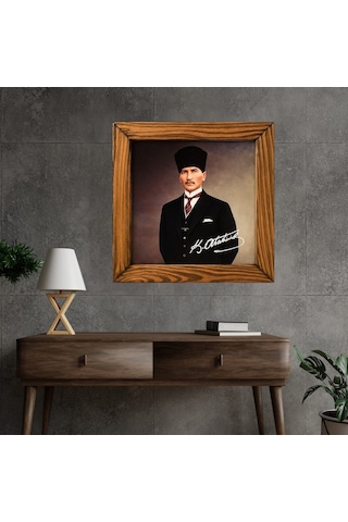 Ahşap Çerçeveli Atatürk Portresi Seramik Tablo 29x29cm Model 1