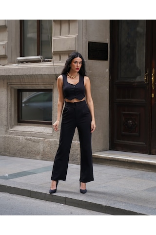 Kadın Crep V Yaka Yelek Ve Pantolon Takım Siyah