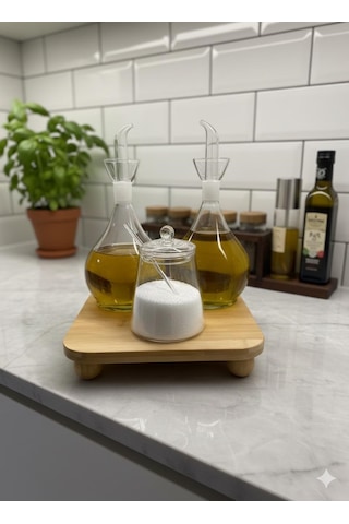 Morponi 3'lü Cam Yağlık Ve Tuzluk Seti Bambu Altlıklı Şık Sunum Tombul Düz Cam Yağdanlık Set Beyaz