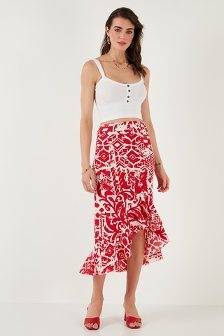 Lela Regular Fit Desenli Yüksek Bel Volanlı Midi Boy Yırtmaçlı Bayan Etek 5869013 Bordo