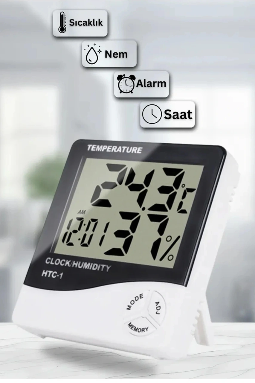 Dijital Oda Termometre Sıcaklık Ve Nem Ölçer Masa Saati Alarm Beyaz