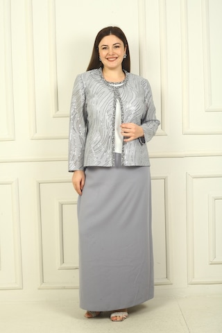 Kadın Pulpayet Ceket Yarım Ay Kollu Bluz Astarlı Krep Uzun Etek Büyük Beden 3'lü Takım Gri