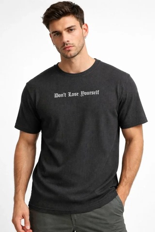 Veraura Lifestyle Erkek Wafıl Kumaş Tişört Regular Kalıp Bisiklet Yaka Baskılı Günlük Basic T-shirt - Siyah