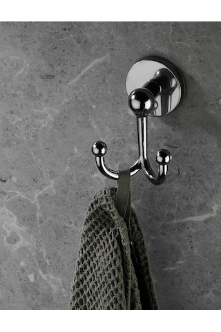 Krom Yapışkanlı Bornoz &  Havlu Askılığı – 2 Kancalı (Çatallı) Metal Askı, Şık & Dayanıklı Tasarım - (S-112)