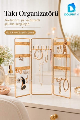 3 Kanatlı Katlanabilir Takı Organizeri Küpe Kolye Bileklik Standı Gold Altın