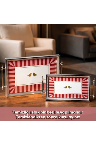 Porsima 4387 2'li Dekoratif Dikdörtgen Servis Tepsi Seti - Çay Ve Kahve Kahvaltılık Sunum Tepsisi Pembe