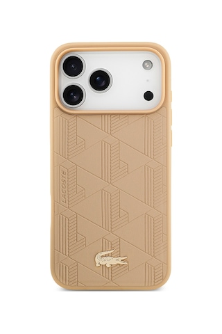 Apple Uyumlu iPhone 17 Pro Max Kılıf Lacoste Lisanslı M-safeli Pu Deri Karışık Monogram Desenli Kapak Bej Bej