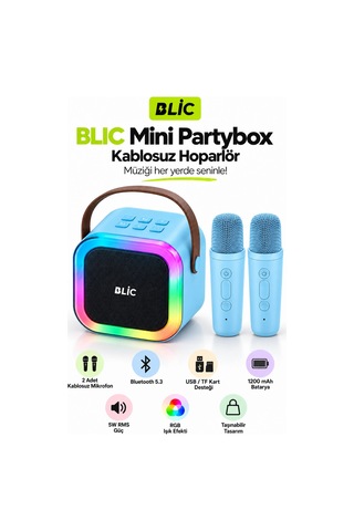 Blic Bls-97 Mavi Partybox Çift Kablosuz Mikrofonlu Rgb Led Işıklı Taşınabilir Bluetooth Hoparlör