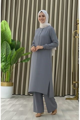 Tesettür İkili Takım Uzun Tunik Bol Paça Pantolon 4006-gri Gri