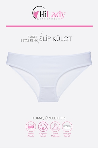Kadın Külot, 5li Paket Karışık Renkli Slip Külot Rahat Pamuklu Yumuşak Kumaş Beyaz